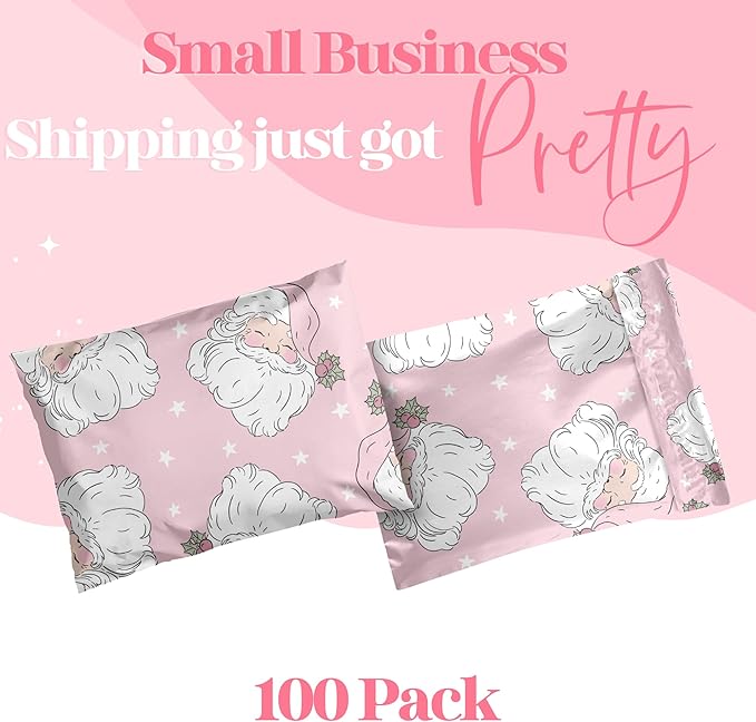 Pretty Package Store 6x9 Designer Christmas Holiday Poly Mailers 100 Pack Heavy Duty Waterproof Self Seal Shipping Bags Large Mailing Envelopes Bulk Tear Resistant Cute Packaging Pink Santa