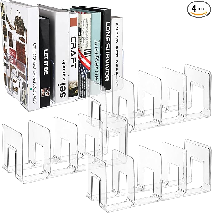 Lemecima 4 Pack Acrylic File Sorter, 4-Section Clear Desktop File Folder Holder Organizer, Thick Office Storage Stand Rack for Book, Envelopes, Mail, Document, Notebook, Binder, Purse, Clutch Divider