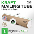 Cardboard Mailing Tube, 4" x 24" with Plastic Caps - USA-Made USPS Approved Poster Tube for Documents & Blueprints - Reinforced Mailing Cylinders for Shipping & Storage by IDL Packaging