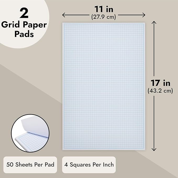 Bright Creations 2 Pack Engineering Graph Paper Pads, 11x17 Quadrille Grid Paper for Drafting, Engineering, Blueprint Drawing, Architect Designers (4 Squares Per Inch, 50 Sheets Each Pad)