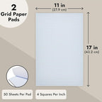 Bright Creations 2 Pack Engineering Graph Paper Pads, 11x17 Quadrille Grid Paper for Drafting, Engineering, Blueprint Drawing, Architect Designers (4 Squares Per Inch, 50 Sheets Each Pad)