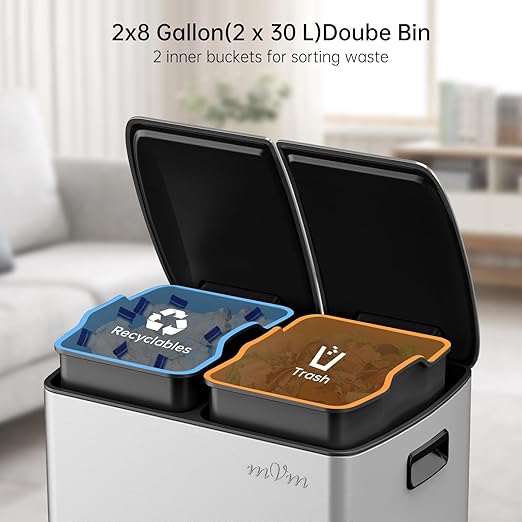 mVm Kitchen Trash Can,2x8 Gallon (2x30 L) Dual Compartment Garbage can Recycle Bin Combo with Foot-Pedal,Anti-Fingerprint,Soft-Close,Brushed Stainless Steel Trash can for Kitchen, Living Room(Silver)