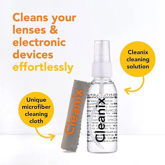 Cleanix Glass Cleaner Set of 2, Alcohol-Free, 2x 2-Oz Spray Bottles with 2 Microfiber Cloths, Travel-Sized, Safe for Glasses & Devices