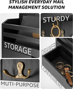 Rebee Vision Decorative Mail Organizer - Wood Key Holder Wall Mount with Storage Drawer and 7 Key Hooks - Home Decor for Organizing Your Entryway, Hallway, or Office (Black)