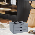 Leather Desk Organizer with 3 Drawers/Tray, Executive Office Supplies Desktop Filing A4 File Cabinet/Holder, Stackable Storage Box Grey (Gray)