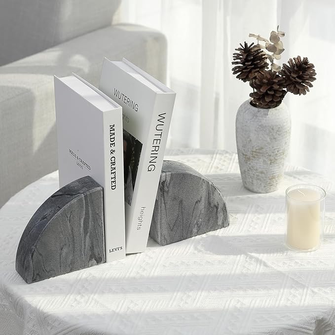 Karibiber Marble Bookend for Shelves, Non-Skid Bookends for Heavy Books, Heavy Duty Book Stopper for CDs, Luxury Book Shelf Holder, Quarter Circle Design Book Ends Decorative, Monte Grigio, Set of 2