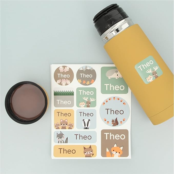 Large Name Labels for Kids (33) - Custom Stickers for Daycare and School Supplies - Durable, Waterproof Stickers for Water Bottles, Lunch Boxes, and More with Unique Designs - Forest Animals
