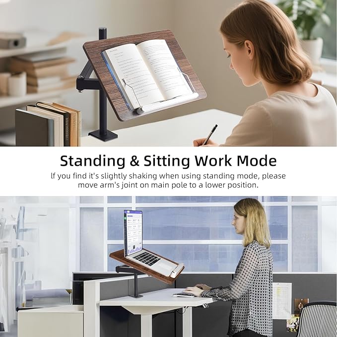 Adjustable Book Stand with Desk Clamp Mount, Wooden Reading Holder with Metal Arm, Black