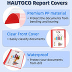 HAUTOCO 30 Pack Plastic Report Covers with 3-Prong Fasteners Clear Front Presentation Folders Resume Folders for 8.5x11 Letter Size Paper, Document Report Cover for School Office Business, Red