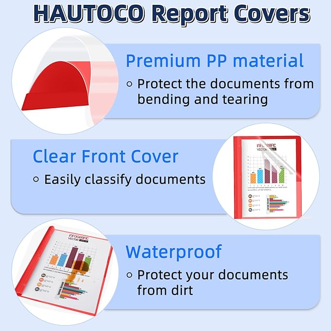 HAUTOCO 12 Pack Plastic Report Covers with 3-Prong Fasteners Clear Front Presentation Folders Resume Folders for 8.5x11 Letter Size Paper, Document Report Cover for School Office Business, Red