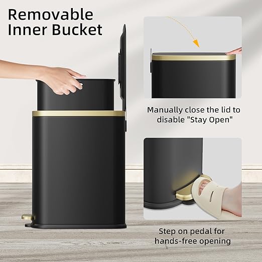 KUK Small Bathroom Trash Can with Lid Soft Close, Step Pedal, 2.6 Gal Stainless Steel Garbage Can with Removable Inner Bucket, Anti-Fingerprint Wastebasket for Office, Bedroom, Toilet (Black)