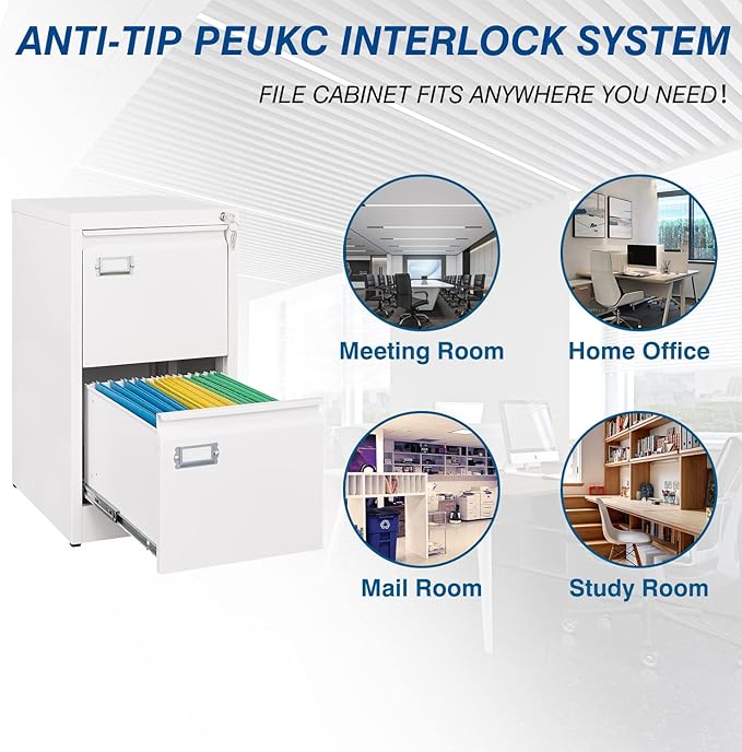 PEUKC 2-Drawer File Cabinet, 16.3" Deep Vertical Filing Cabinet with Lock, Metal File Cabinet for Home Office, Anti-Tip 2 Storage Drawers for Letter/Legal/A4/F4 Size (Assemble Required, White)