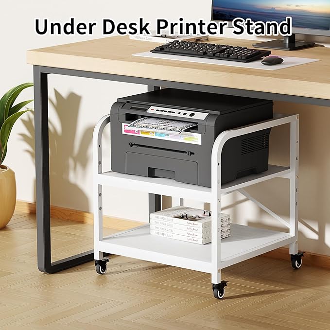 Vokumba 20 Inches Large White Printer Stand, 2-Tier Under Desk Printer Table with Height Adjustable Shelf, Rolling Printer Cart with Industrial Wheels for Home Office (White)