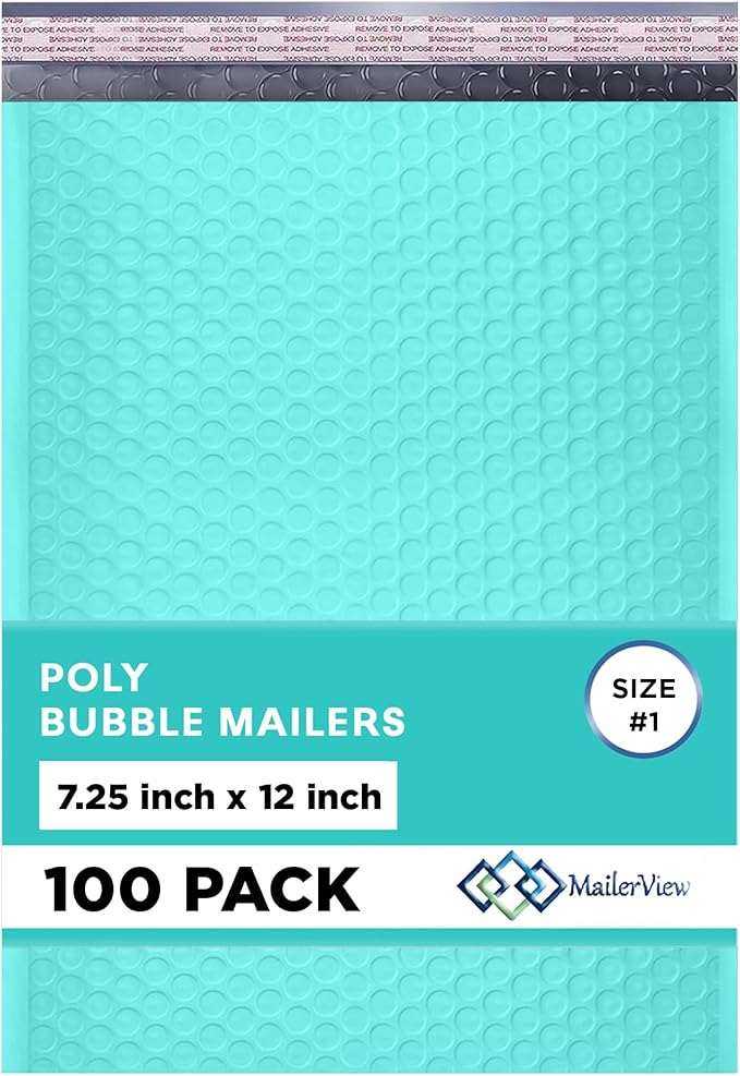 Teal Poly Bubble Mailers 7.25x12 inch #1 | Self Seal Padded Envelopes | Cushioned Bubble Mailer | Usable Size 7.25x11 | WaterProof | Lightweight mailing Shipping Bags | 100 Pack Bulk