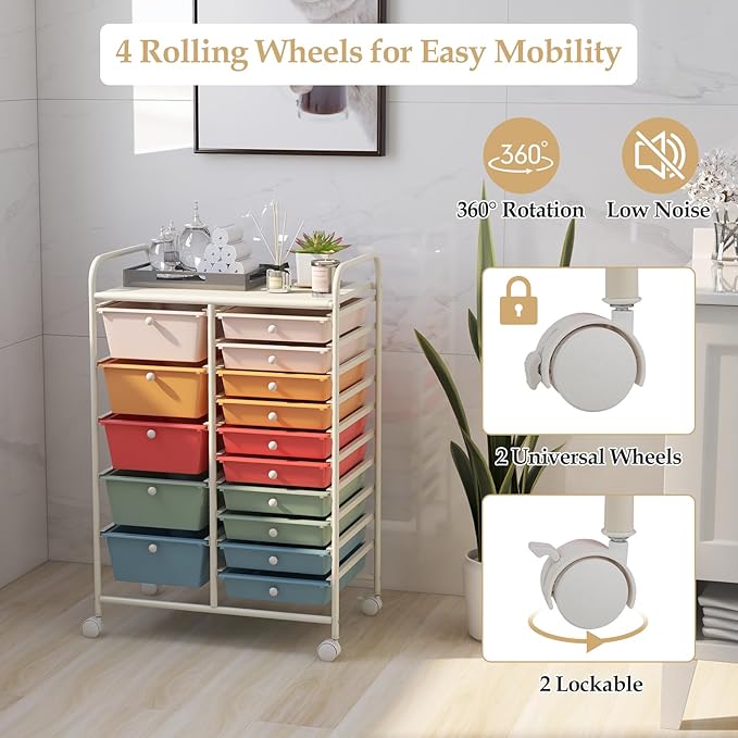 HAPPYGRILL 15-Drawer Rolling Cart, Storage Carts with Removable Drawers & Steel Frame, Utility Cart on Lockable Wheels for Home, School, Office, Macaroon