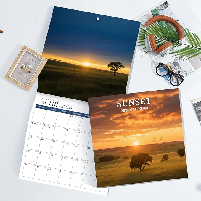 2026 Calendar, 2026 Wall Calendar, Monthly Calendars 12 Month Sunset Sunrise 12" x 24" Opened, Thick Glossy Paper for Organizing Planning, Ideal for Home Office