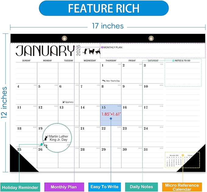 Desk Calendar 2026 - With 2 sticker, 17-Month (Aug 2025 - Dec 2026) Large 17x12 Inches, Desktop/Wall Monthly Calendar for Home, School & Office (Cat)