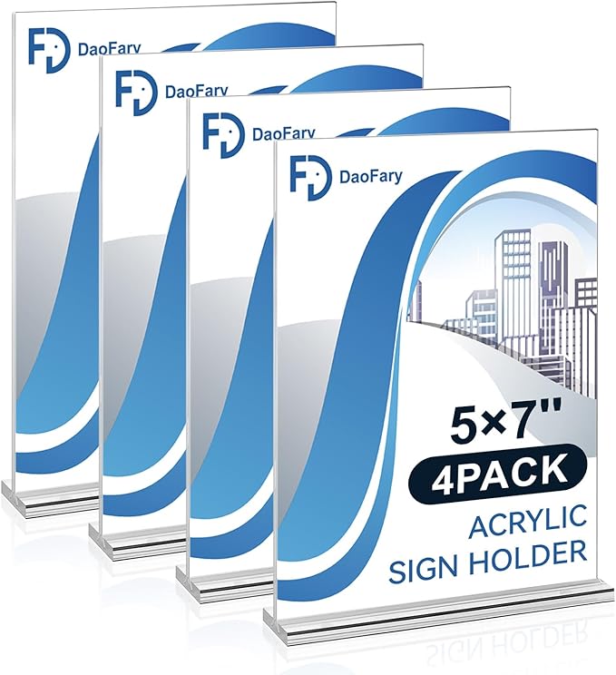 Daofary Acrylic Sign Holder 5 x 7 Inches 4 Pack, Double-Sided Stand up Table Top Paper Holder, Store Sign Holders, Plastic Sign Display for Restaurants, Hotels, Office
