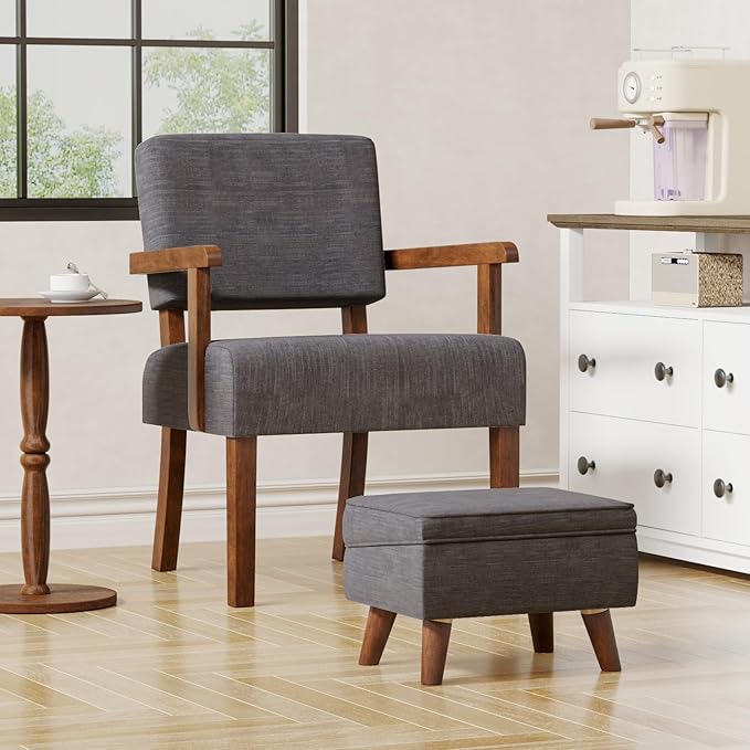 FAGAGA Small Footstool Ottoman with Storage, Ottoman Foot Rest, Modern Foot Stool with Adjustable Lid and Sturdy Wood Legs for Living Room, Bedroom, Couch, Enterway, Light Gray