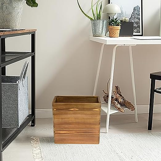 Owlgift Wooden Rustic Burnt Waste Basket Trash Bin, Rectangular Wastebaskets, Bathroom Garbage Can, Bedroom Trash Can, Dorm Recycle Bin, Office Trash Can Wooden Wastebasket Wooden Décor