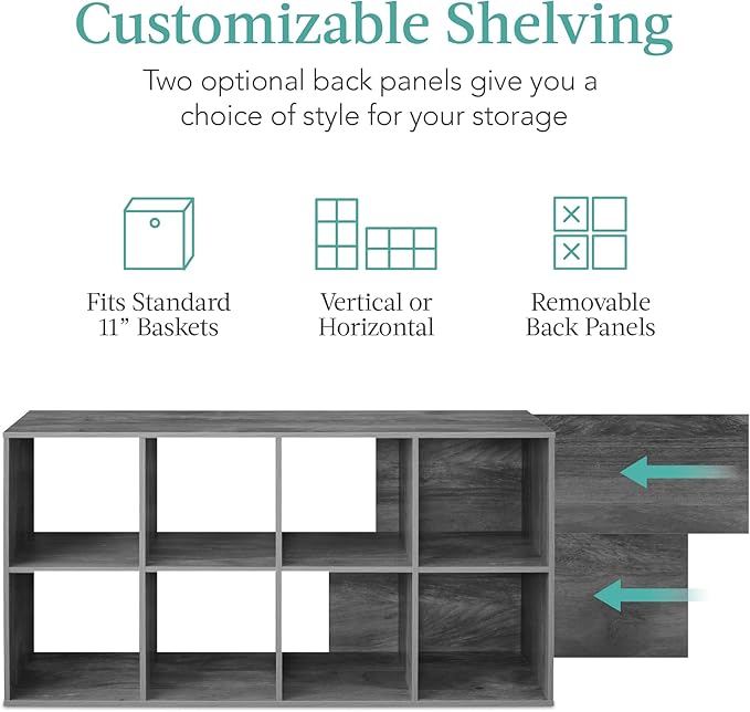 Best Choice Products 8-Cube Storage Organizer, 11in Shelf Opening, Bookcase, Display Shelf, Customizable w/ 3 Removable Back Panels – Dark Gray