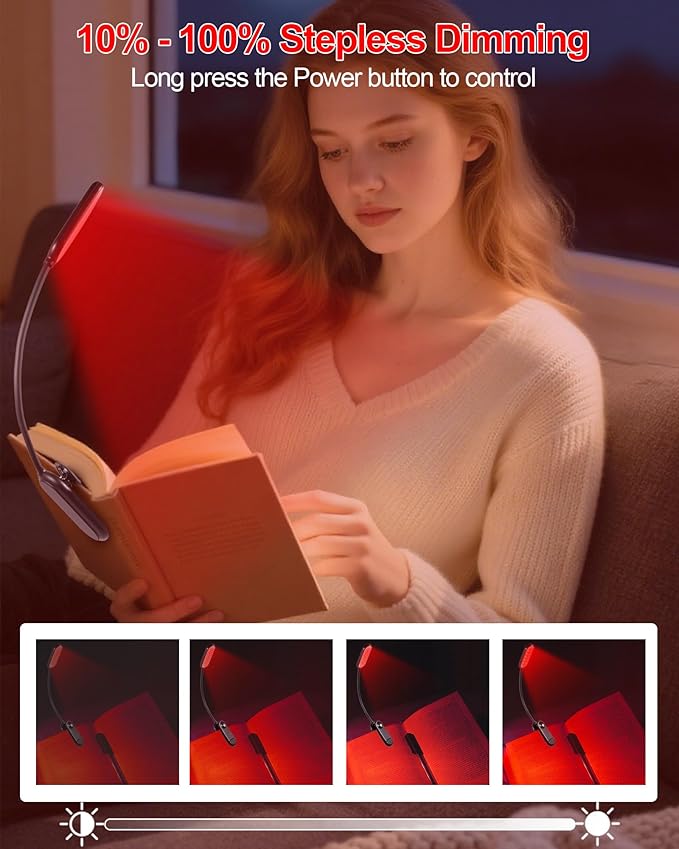 Finezeal 670nm Red Book Light [2 Pack] - Zero Blue Light, Rechargeable Clip On Red Reading Light Lamp for Reading at Night - Poratble Dimmable LED Book Lamp, Gift for Lovers Travel Studying Nursing