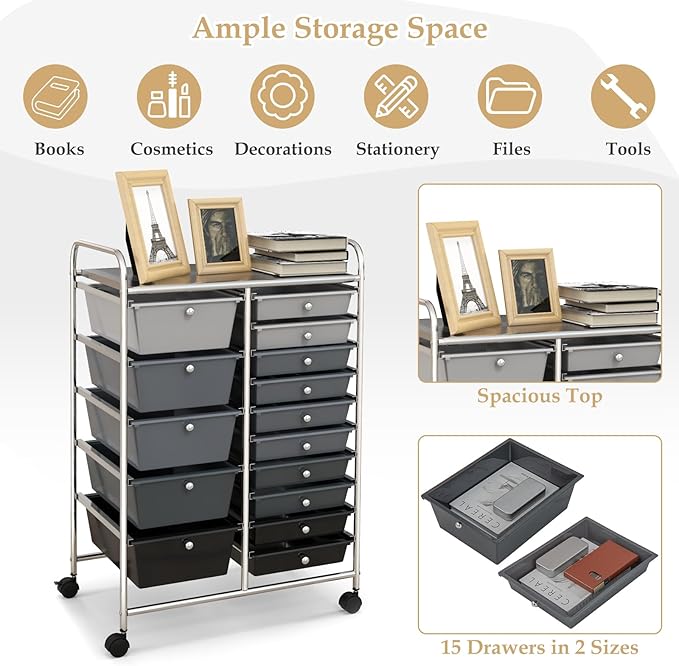 HAPPYGRILL 15-Drawer Rolling Cart, Storage Carts with Removable Drawers & Steel Frame, Utility Cart on Lockable Wheels for Home, School, Office, Black Gradient
