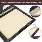 Geslun Vegan Leather 3 Ring Binder, 8.5 x 11 Letter Size Folio with Pen Holder, Soft Notebook Portfolio Cover, Slim Notepad Padfolio Thin File Organizer for Work Executive Meeting, Black