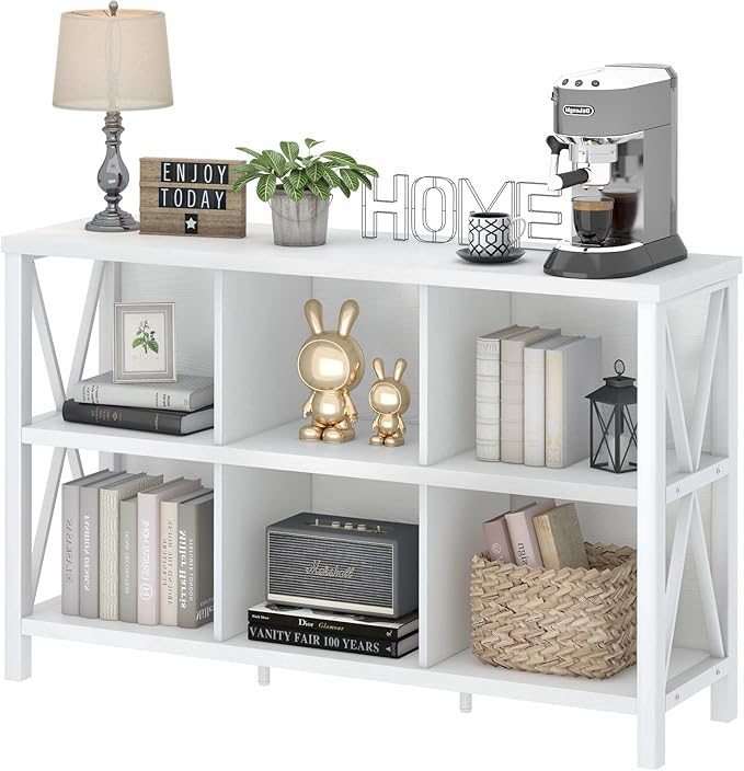 FATORRI 6 Cube Storage Organizer with Shelf, 47 Inch Long Horizontal Bookshelf, Wood and Metal Cube Bookcase, Low Book Shelf for Living Room, Home Office (White Oak)