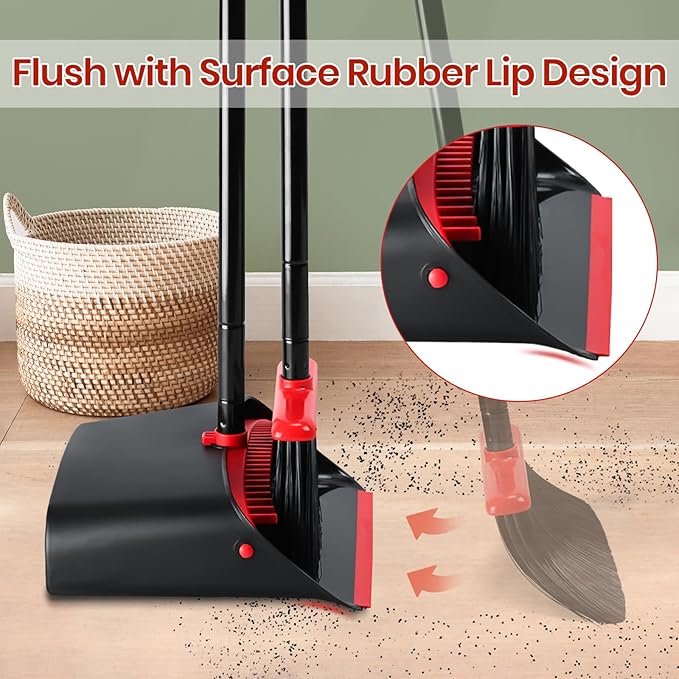 TreeLen Dust Pan and Broom/Dustpan Cleans Broom Combo with 52" Long Handle for Home Kitchen Room Office Lobby Floor Use Upright Stand Up Broom and Dustpan Set - Black/Red