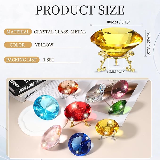 PATIKIL Diamond Crystal Paperweight, 80mm / 3.15" Crystal Paperweight Paper Weight with Gold 19 Metal Base for Home Office Desktop Table Decor Wedding Party Ornaments, Yellow