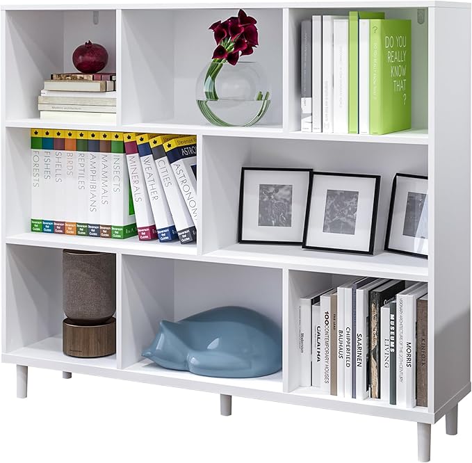 Chyanmoo Wood Cube Storage Organizer White Bookshelf - 3-Tier Freestanding Storage Cabinet with Legs for Home Office, 8-Cubes Open Shelf
