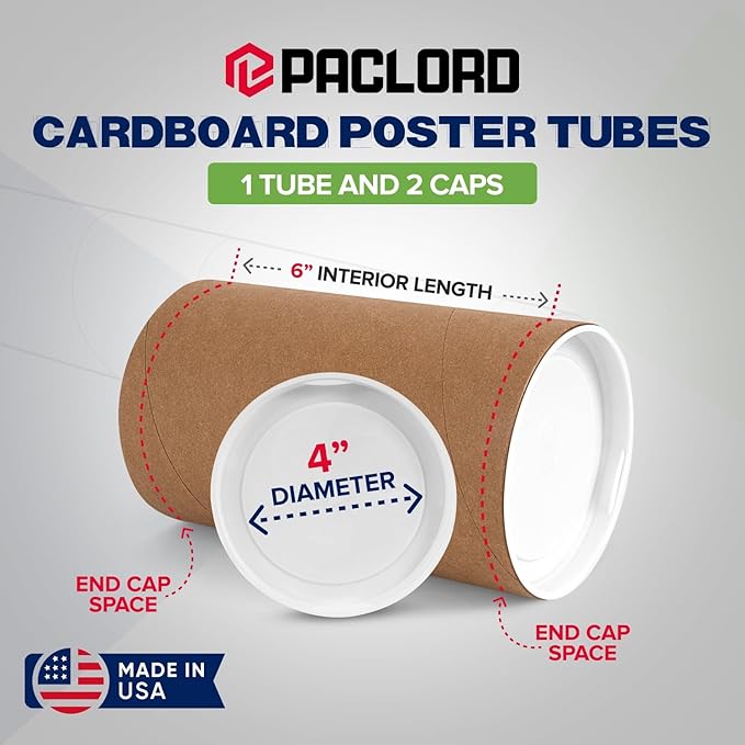 Paclord 4" x 6" Reinforced Kraft Paper Mailing Tube, Pack of 1 Tube with 2 Caps – Secure USPS Approved Poster Tube – Cardboard Tube for Shipping and Storing Posters, Prints, Artwork, or Documents