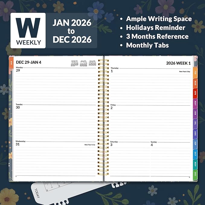 SUNEE 2026 Weekly and Monthly Planner - from January 2026 - December 2026, Daily Agenda Planner with Monthly Tab, Flexible Cover, Note Pages, Pockets, Bookmark, Spiral Binding, Navy Flower, 8.5"x11"