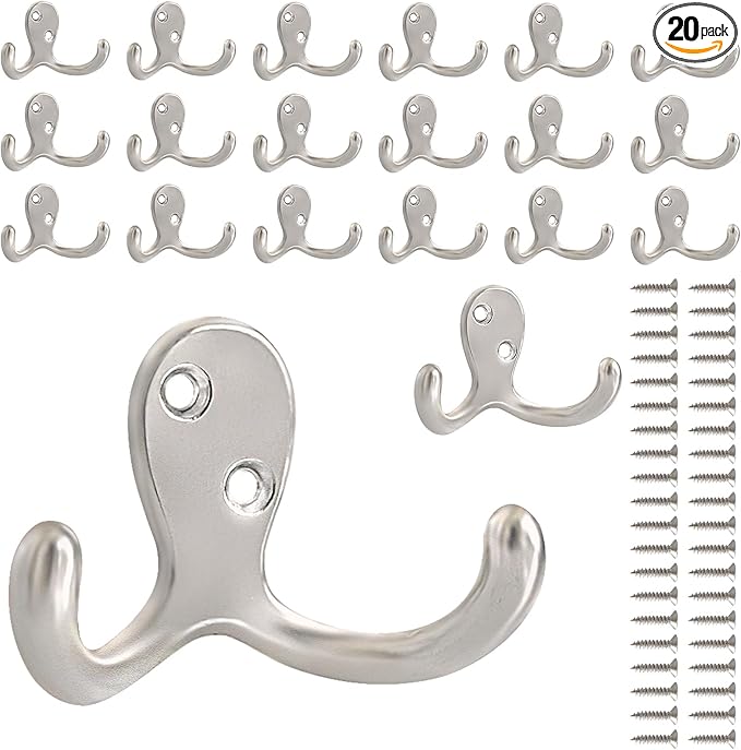CBWLWJ 20 Pack Coat Hooks Wall Hooks for Hanging, Heavy Duty Double Prong Metal Hook Wall Mounted for Living Room, Bathroom, Kitchen, Bedroom for Coat, Bag, Scarf, Towel, Hat, Key, Cup (Silver)