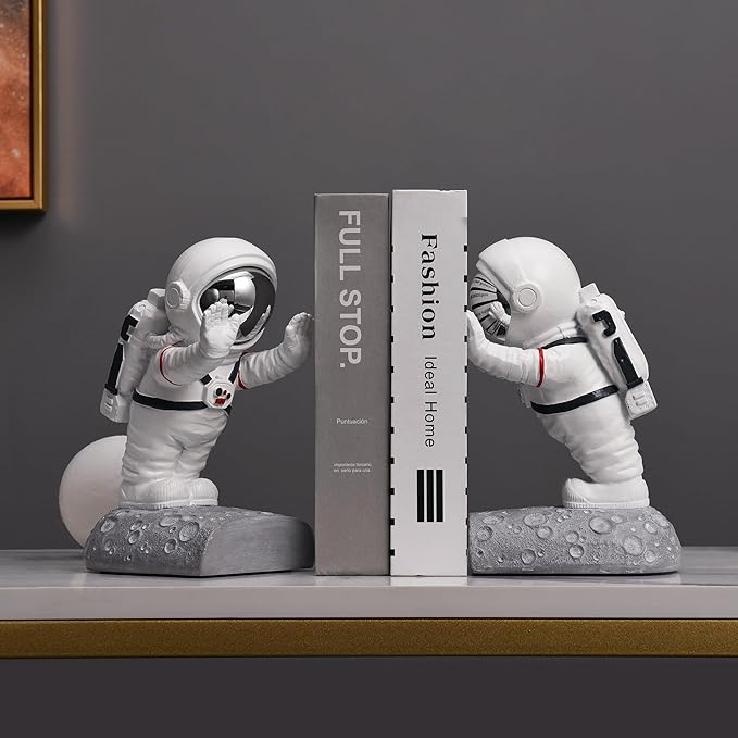 Kakizzy Book End Holder, Astronaut Bookends Outer Space Themed Astronaut Figurine Decorative Book Stoppers to Hold Books Heavy Duty Bookshelf Ends for Kids Rooms Space Decor Bookends (A-Silver Color)