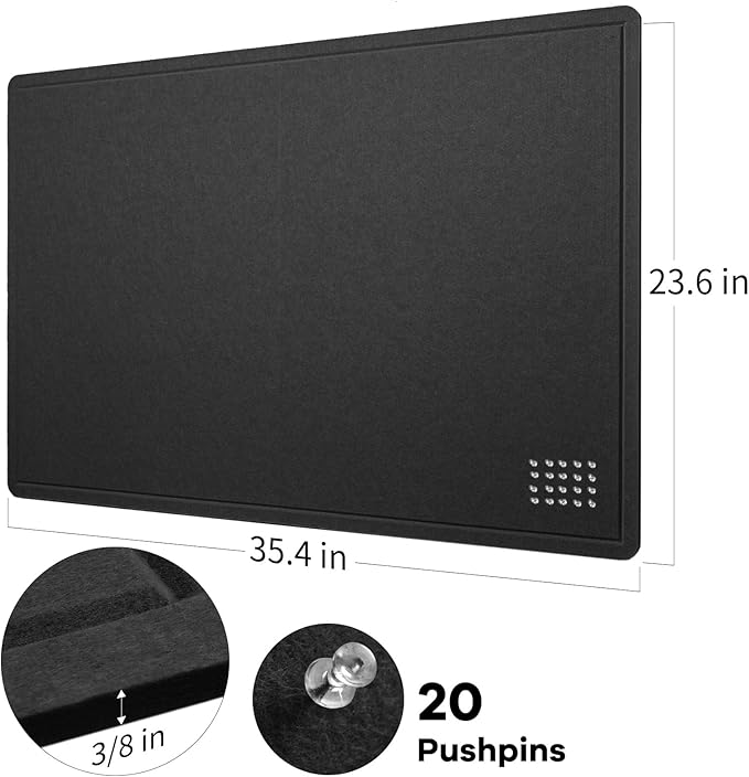 Lightomorrow Bulletin Board, 36 x 24 inches Felt Board - Decorative Pin Board, Cork Board Alternative for Wall, 3' x 2' Foldable Self-Adhesive Vision Board Prayer Board with 20 Pushpins - Black