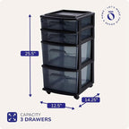 HOMZ Drawer Tower, 4-Tier Clear Plastic Storage Organizer Cart, Black Frame - Rolling Drawer Containers with Wheels for Bathroom, Bedroom, Office, and Classroom Organization