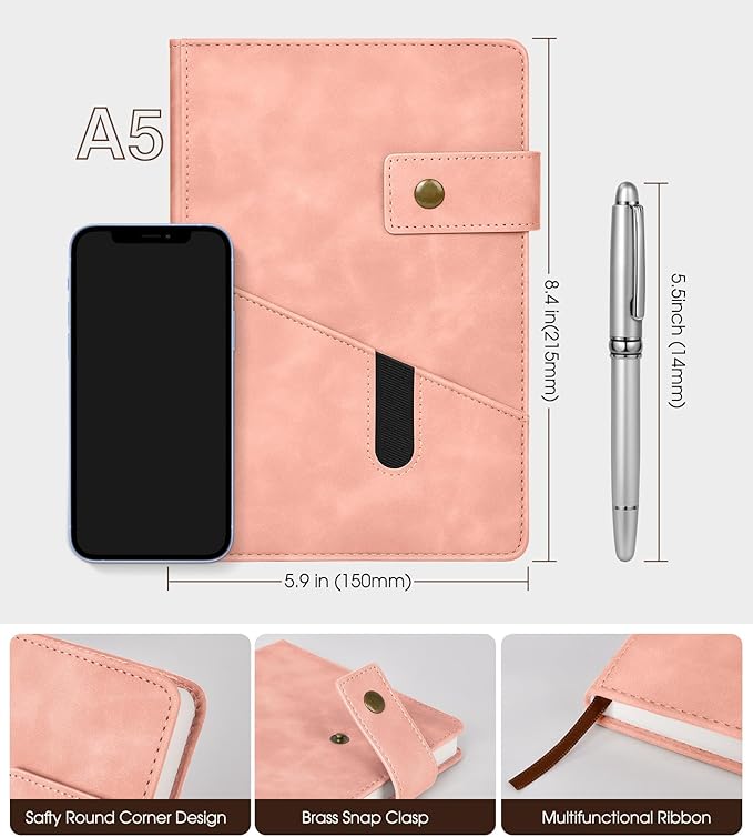 vfaejll Pink A5 Lined Leather Journal Notebook for Men Women,5.9" X 8.4" Personalized Hardcover Journal with Pen,200 Pages 100 Gsm Thick Ruled Paper Daily Diary for Travel,Business,Work,Writing