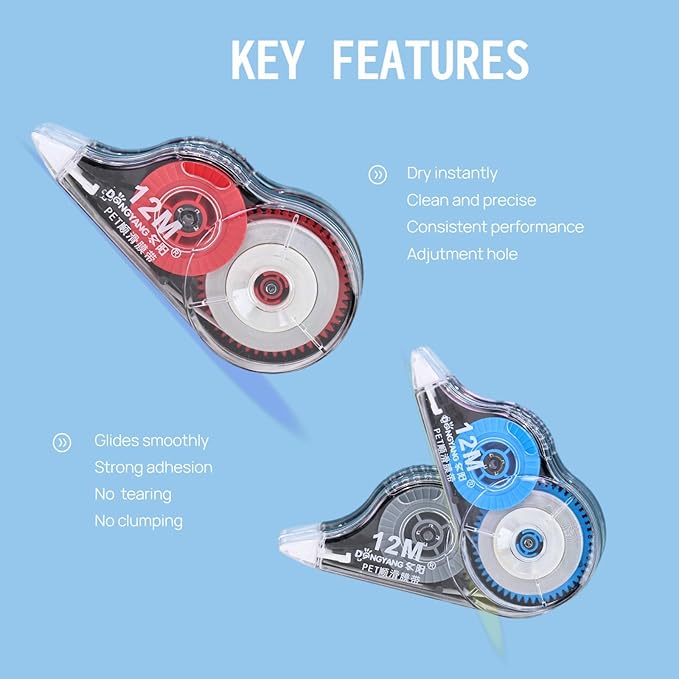 WISOPTUS 39.37ft Correction Tape with Dispenser, 6-Count Pack, Fast, Clean, Opaque and Easy-to-Use Tear-Resistant Correction Tape Bulk Office School Supplies, Blue, Red, Gray