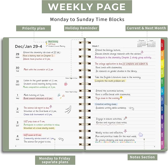 EMSHOI 2026 Planner Weekly and Monthly, Week on One Page with Notes, A5 (5.7"x8.3"), Jan-Dec 2026 Calendar Agenda with Monthly Tabs, Note Pages, 100GSM Thick Paper, Flexible Cover, Light Green