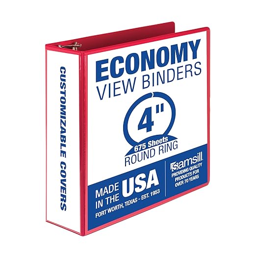 Samsill 4 Inch 3 Ring Binder, Made in USA, Economy Round Ring, Clear View Cover, 675 Sheet Capacity - for Schooo, Home, Office - Ruby Red