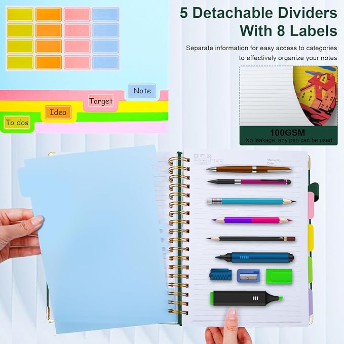 Hardcover Spiral Notebook 8.5"x11" Journal Notebook with Tabs and Removable Dividers 300 Pages 5 Subject Notebook College Ruled, Faux Leather Spiral Bound Notebook for Women School Work(Green)