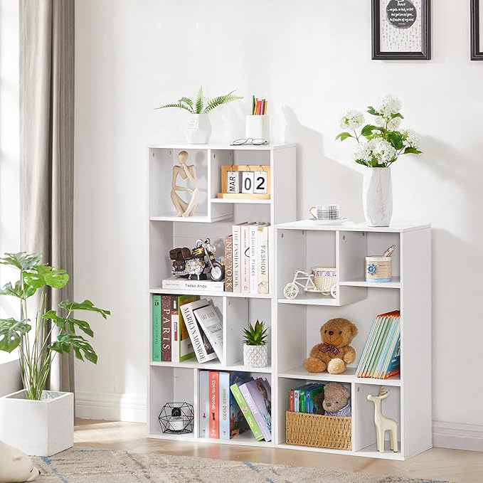 VECELO Wide Bookshelf Set, Fits 9.3" × 10-12.8" Hardcovers, Cube Storage Bookcases, Free-Standing for Living Room, Bedroom, Home Office, 3/4-Tier, 2-Pack, White