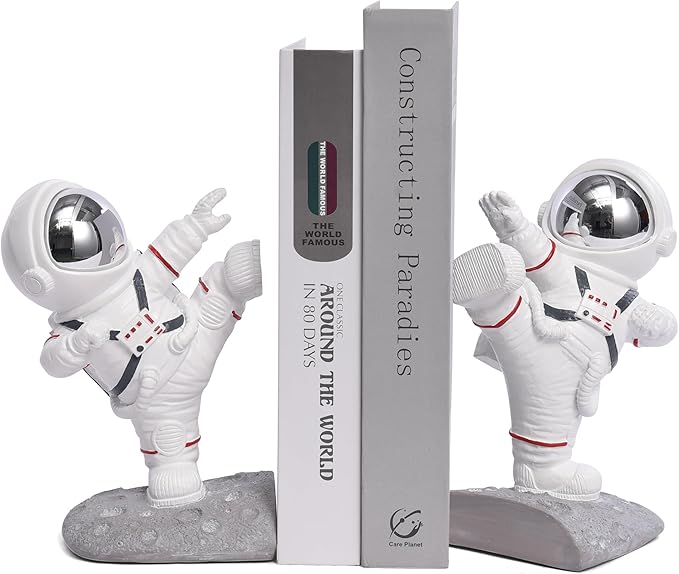 Kakizzy White Book Ends for Kids, Upgraded Astronaut Bookends Resin Spaceman Book Holders for Shelves Sturdy Book Stopper Book Ends to Hold Books Unique Outer Space Book Shelf Ends(F2-Silver Color)