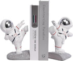 Kakizzy White Book Ends for Kids, Upgraded Astronaut Bookends Resin Spaceman Book Holders for Shelves Sturdy Book Stopper Book Ends to Hold Books Unique Outer Space Book Shelf Ends(F2-Silver Color)