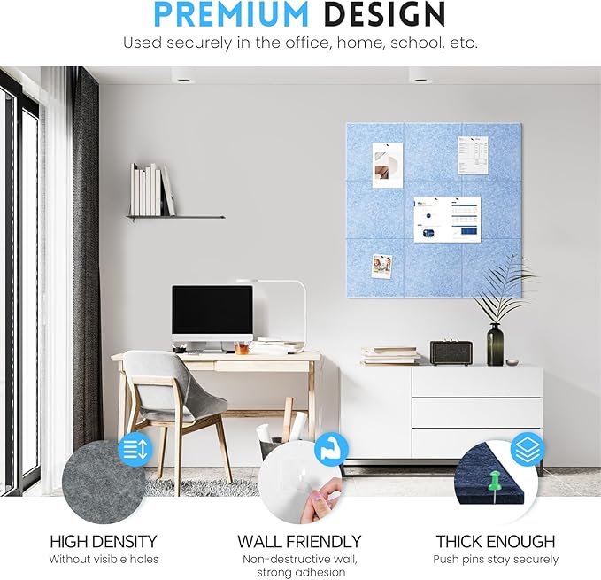 Large Cork Bulletin Board for Wall 48"x36", 12 Pack Felt Wall Tiles with 80 Pushpins, 60 Safe Removable Adhesive Tabs, Decorative Pin Board Tack Board for Office Home School, Light Blue