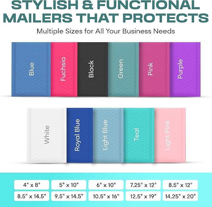 Teal 12.5x19.5 Inch Large Poly Bubble Mailers #6 | Padded Envelopes with Self Seal | Air Lined Cushioned Bubble Mailer | Usable Size 12.5x15 | 100 Pack Bulk | Lightweight shipping Bags