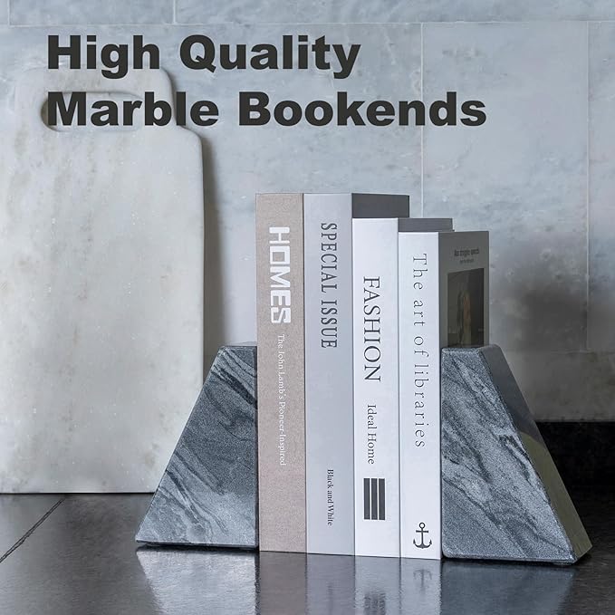 Karibiber Marble Bookends for Heavy Books, Decorative Book Ends for Shelves, Unique and Heavy-Duty Book Ends for Hardback Book & CDS, Stone Book Stopper, Modern Book Holder, Monte Grigi, Set of 2