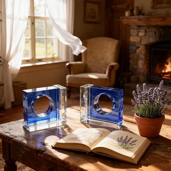 Kitcom Handmade Crystal Bookends Square, 1 Pair of Decorative Tabletop Bookends for Office, Home, Desk,Sky Blue